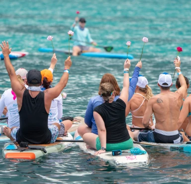 people on paddleboards cheering